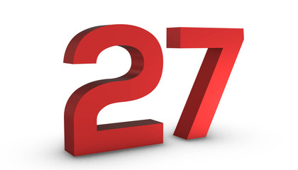 Number 27 Twenty Seven Red Sign 3D Rendering Isolated on White Background