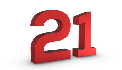 Number 21 Twenty One Red Sign 3D Rendering Isolated on White Background
