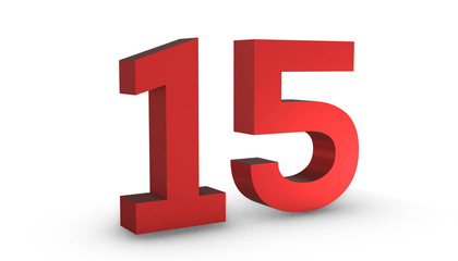 Number 15 Fifteen Red Sign 3D Rendering Isolated on White Background