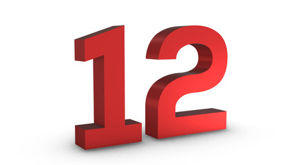 Number 12 Twelve One Red Sign 3D Rendering Isolated on White Background One Red Sign 3D Rendering Isolated on White Background