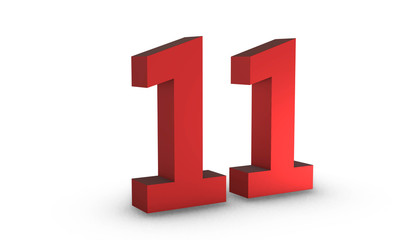 Number 11 Eleven One Red Sign 3D Rendering Isolated on White Background