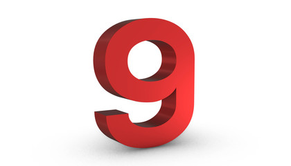 Number 9 Nine Red Sign 3D Rendering Isolated on White Background