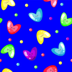Seamless pattern with multicolor hearts and dots look like candies isolated on the blue background. Vector illustration
