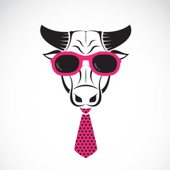 Vector of bull wearing sunglasses and tie on white background. Animal. Easy editable layered vector illustration.