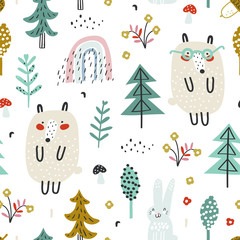 Cute woodland pattern with little bear, rabbit and hand drawn elements. Vector background for children. Scandinavian style. Vector illustration.