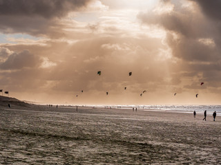 Zandvoort Netherlands Beach with Kite Sport Background in Orange - obrazy, fototapety, plakaty