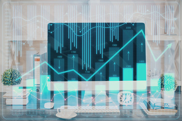 Forex graph hologram on table with computer background. Double exposure. Concept of financial markets.