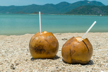 A pair of ripe coconuts with drinking straws on sand at the beach in the tropics on vacation