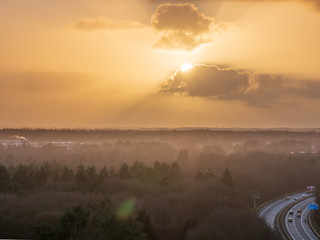 Highway Path through forest landscape with sunset background