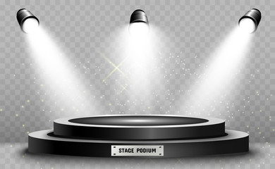 Round podium, pedestal or platform, illuminated by spotlights in the background. Vector illustration. Bright light. Light from above. Advertising place