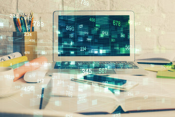 Multi exposure of desktop computer and technology theme hologram. Concept of software development.