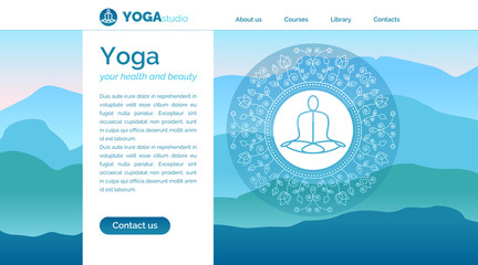 Vector yoga illustration with mountains landscape, yogi, ethnic pattern and sample text in blue colors for use as a template of landing page for yoga center, studio, retreat or alternative medicine.