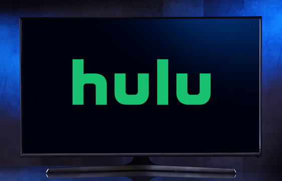Flat-screen TV set displaying logo of Hulu