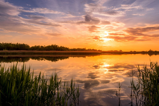 Scenic view of beautiful sunset or sunrise above the pond or lake at spring or early summer evening with cloudy sky background and reed grass at foreground. Landscape. Water reflection.
