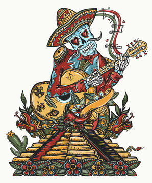 Mexican art. Mariachi skeleton wearing sombrero and playing guitar. Mesoamerican mythology. Mayan pyramid. Old school tattoo style