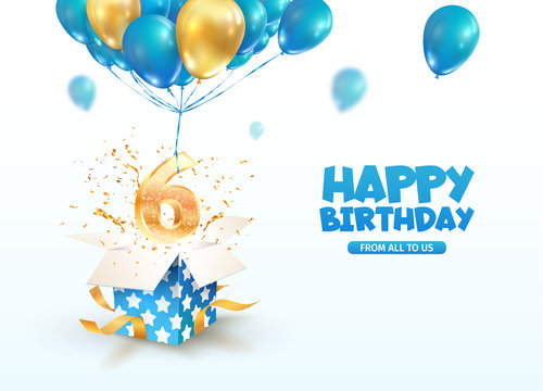 Celebrating of 6 th years birthday vector 3d illustration. Sixth anniversary celebration. Open gift box with explosions confetti and number six flying on balloons on light background