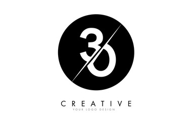 30 3 0 Number Logo Design with a Creative Cut and Black Circle Background.