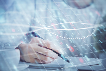 Forex chart displayed on woman's hand taking notes background. Concept of research. Multi exposure