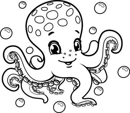 Black And White Happy Octopus Cartoon Mascot Character. Vector Illustration Isolated On White Background