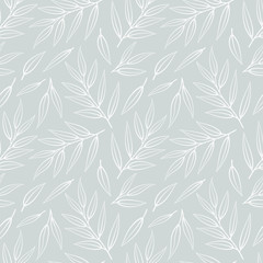 Vector seamless pattern with white leaves on twigs on gray background; abstract natural design for fabric, wallpaper, textile, packages, wrapping paper, web design. - 323219599