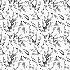 Vector seamless pattern with black leaves on twigs on white background; abstract natural design for fabric, wallpaper, textile, packages, wrapping paper, web design.