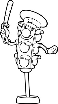 Cartoon traffic light. Vector illustration. Coloring book for kids.