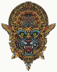 Tiger head and mayan sun calendar. Wild cat totem, jungle art. Esoteric tattoo and t-shirt design. Mesoamerican mexican culture