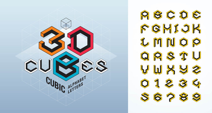 Vector of Cube Alphabet Letters and numbers, Abstract 3d Hexagon stylized fonts