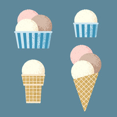 A set of vector illustrations of old-fashioned ice cream scoops in a cup, ice cream cone, and ice cream waffle cone
