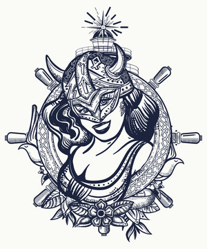Viking woman, lighthouse and steering wheel. Tattoo and t-shirt design. Warrior girl. Scandinavian culture. Valhalla art. Northern history