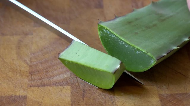 Aloe Vera wird mit einem Messer in Scheiben geschnitten