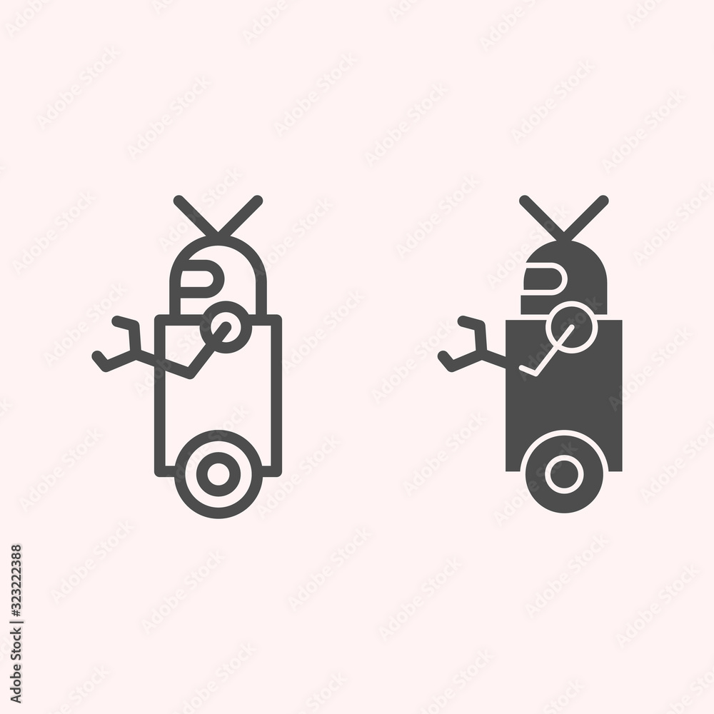 Fototapete robot line and glyph icon. artificial intelligence bot with wheels and hand, side view. astronomy ve