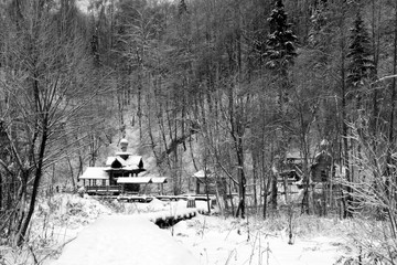 Abandoned wood churches in the winter forest