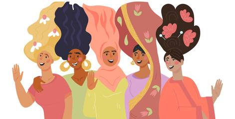 Group of multi ethnic diverse women or girls cartoon characters. The concept of feminism, gender equality and solidarity on March 8 - International Womens Day. Flat vector illustration.