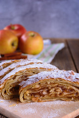Delicious strudel stuffed with apples and cinnamon and red apples on background, vertical orientation, free space