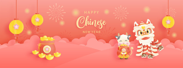 Obraz na płótnie Canvas Happy Chinese New Year with year of ox. 2021 for card and banner. Vector illustration