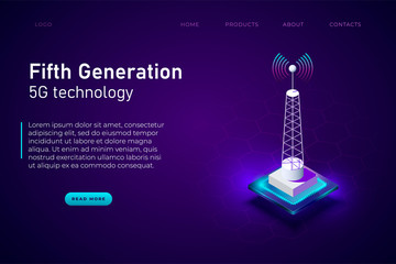 Fifth generation of internet, 5g wireless network technology. Internet evolution isometric neon styled illustration
