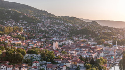 Panoramic aerial cityscape of the historical downtown of Sarajevo timelapse