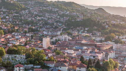 Fototapeta na wymiar Panoramic aerial cityscape of the historical downtown of Sarajevo timelapse