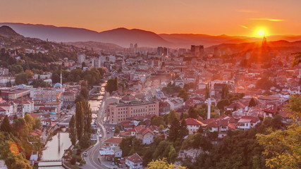 Sunset view of Sarajevo from most popular panoramic spot in Sarajevo timelapse.