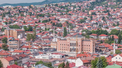 View at city hall in old town center of Sarajevo timelapse, landmark in capital of Bosnia and...