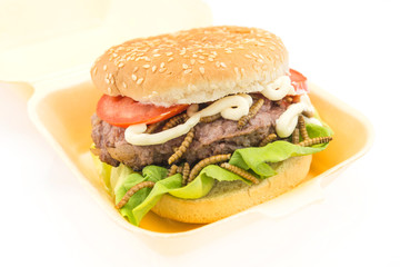 Burger of endible worms  with tomato and lettuce