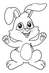 Easter bunny rabbit cartoon character in black and white outline.