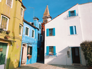 BURANO, ITALY - JANUARY 20, 2020: Colorful houses on the island of Burano in Italy. Burano island is famous for its colorful fisherman's houses..