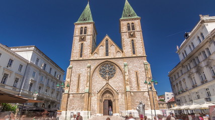 Catholic Cathedral known also as Sacred Heart Cathedral timelapse hyperlapse, in Sarajevo, Bosnia and Herzegovina.