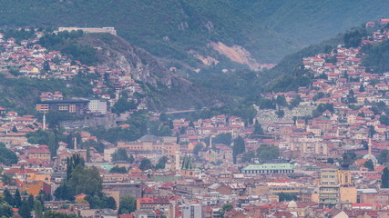 Aerial view of the historic part of Sarajevo city timelapse.