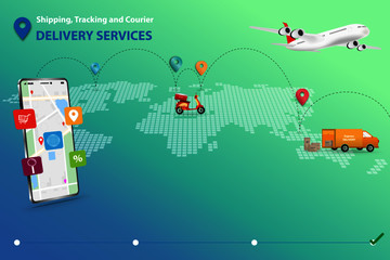 Concept of shipping, tracking and courier delivery services, icon about shopping online on top of the display which contains map and gps. Route of shipment, Van, Scooter and Airplane in a background.