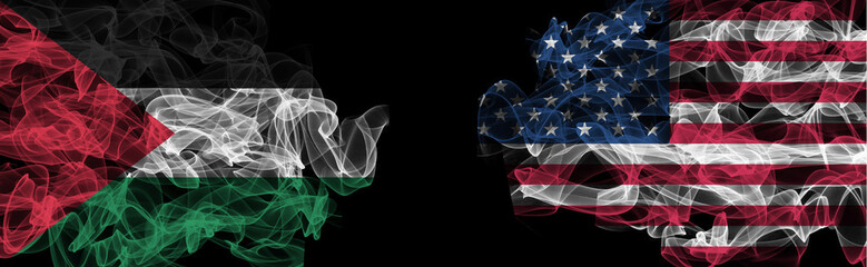 Flags of Palestine and USA on Black background, Palestine vs USA Smoke Flags