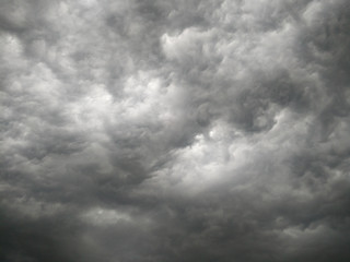 Dark thunderstorm clouds before rain. Dramatic black clouds. Stormy rain clouds background. Dramatic dark stormy cloudy sky before storm. Gray clouds background. 