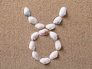 Fototapeta na wymiar Taurus Zodiac sign made of seashells on sand background